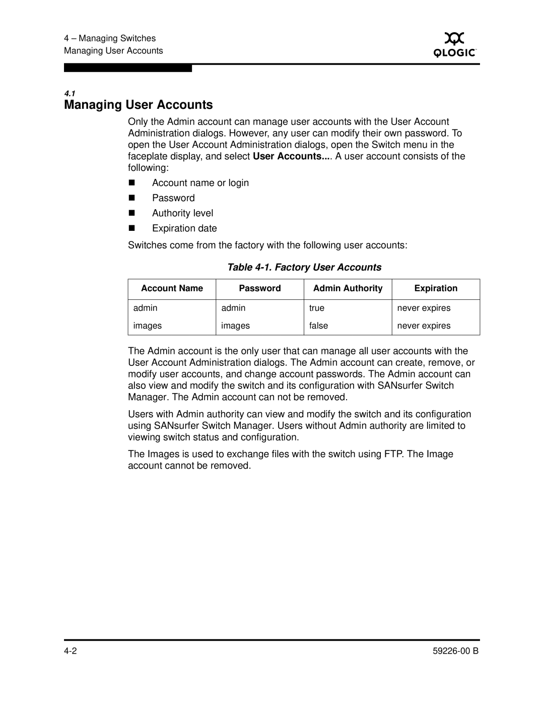 Q-Logic 59226-00 B manual Managing User Accounts, Factory User Accounts, Account Name Password Admin Authority Expiration 