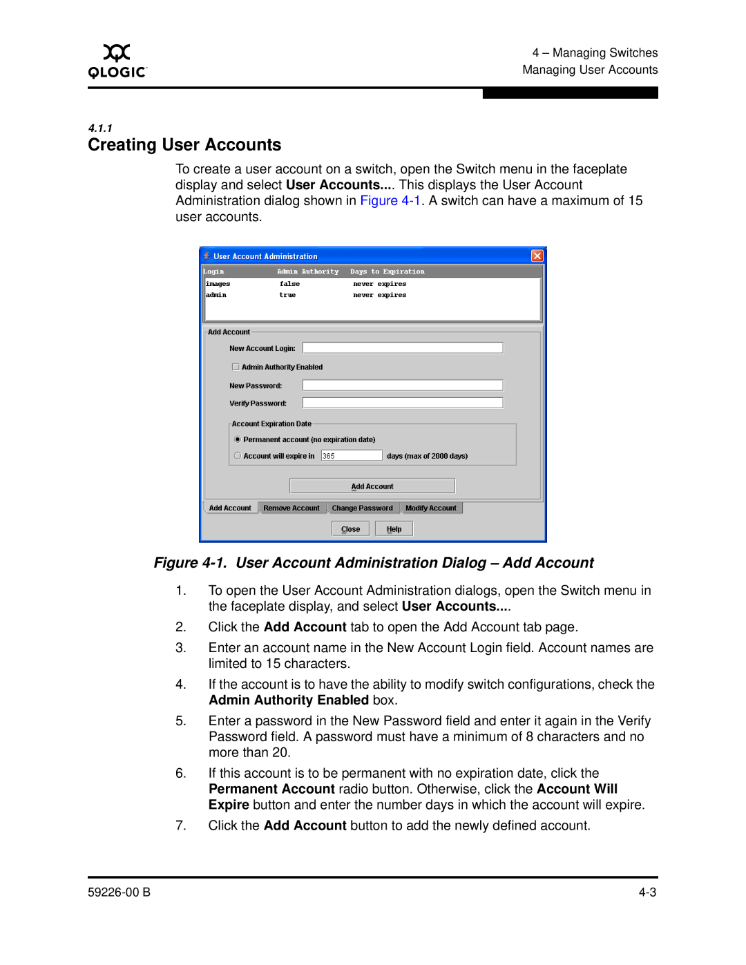 Q-Logic 59226-00 B manual Creating User Accounts, User Account Administration Dialog Add Account 