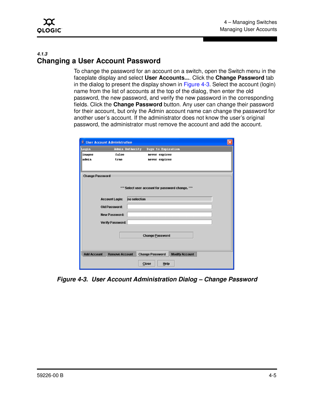 Q-Logic 59226-00 B manual Changing a User Account Password, User Account Administration Dialog Change Password 