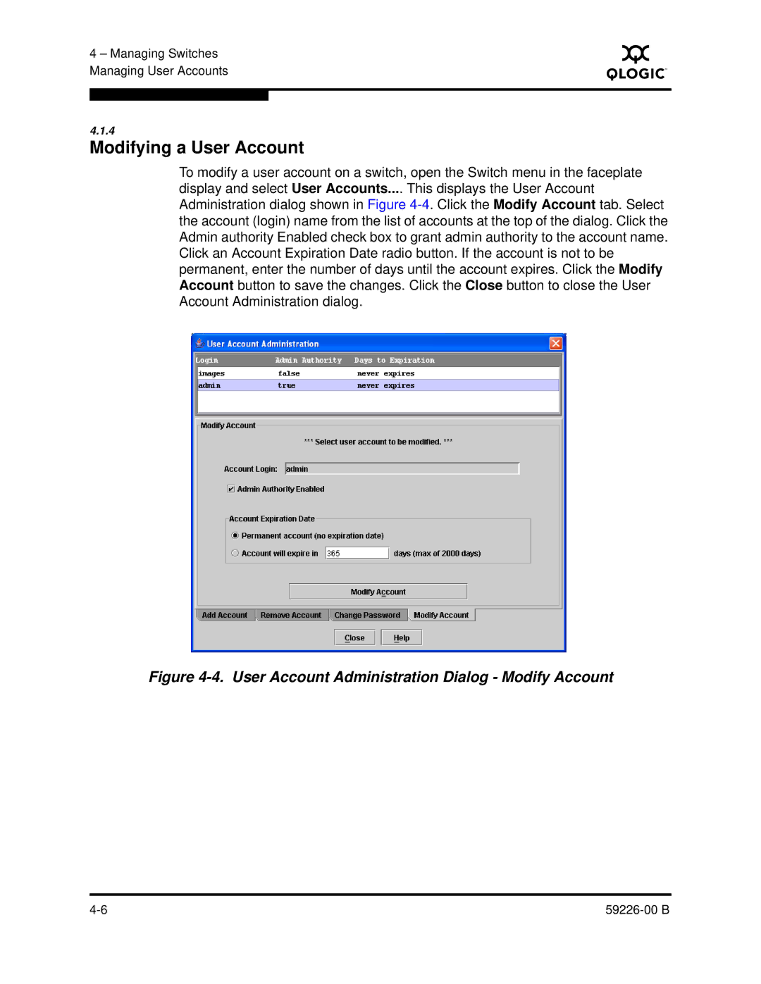 Q-Logic 59226-00 B manual Modifying a User Account, User Account Administration Dialog Modify Account 