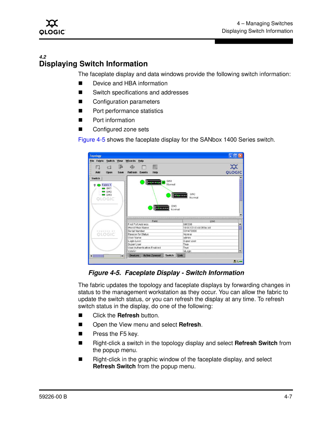 Q-Logic 59226-00 B manual Displaying Switch Information, Faceplate Display Switch Information 