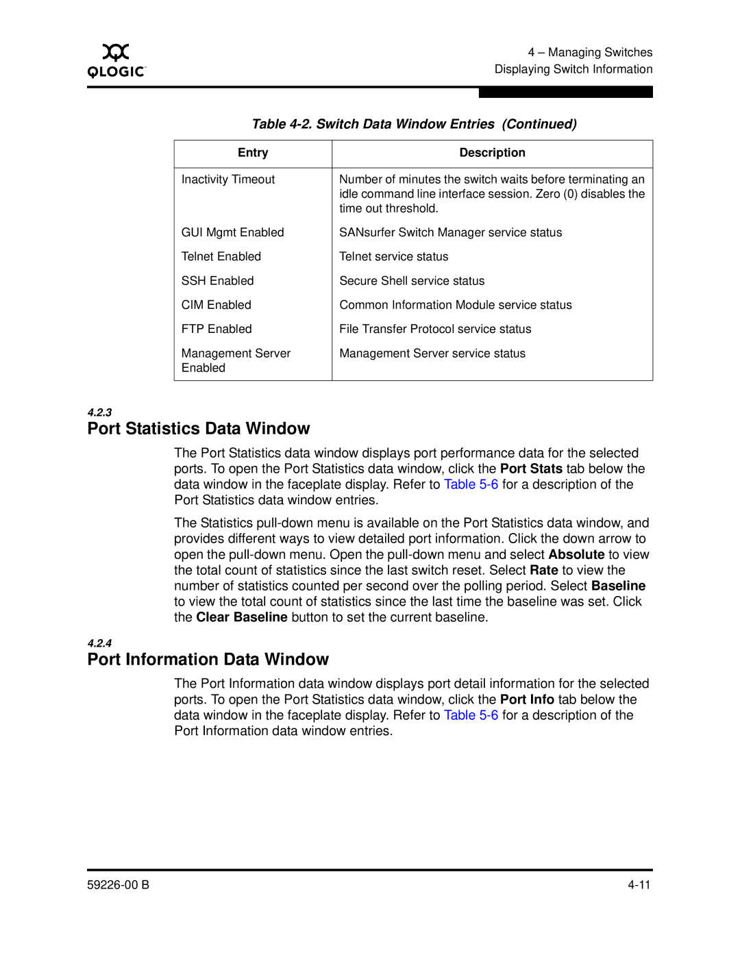 Q-Logic 59226-00 B manual Port Statistics Data Window, Port Information Data Window 