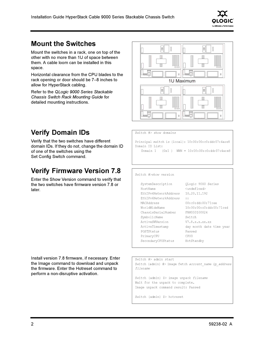 Q-Logic 59238-02 A manual Mount the Switches, Verify Domain IDs, Verify Firmware Version 