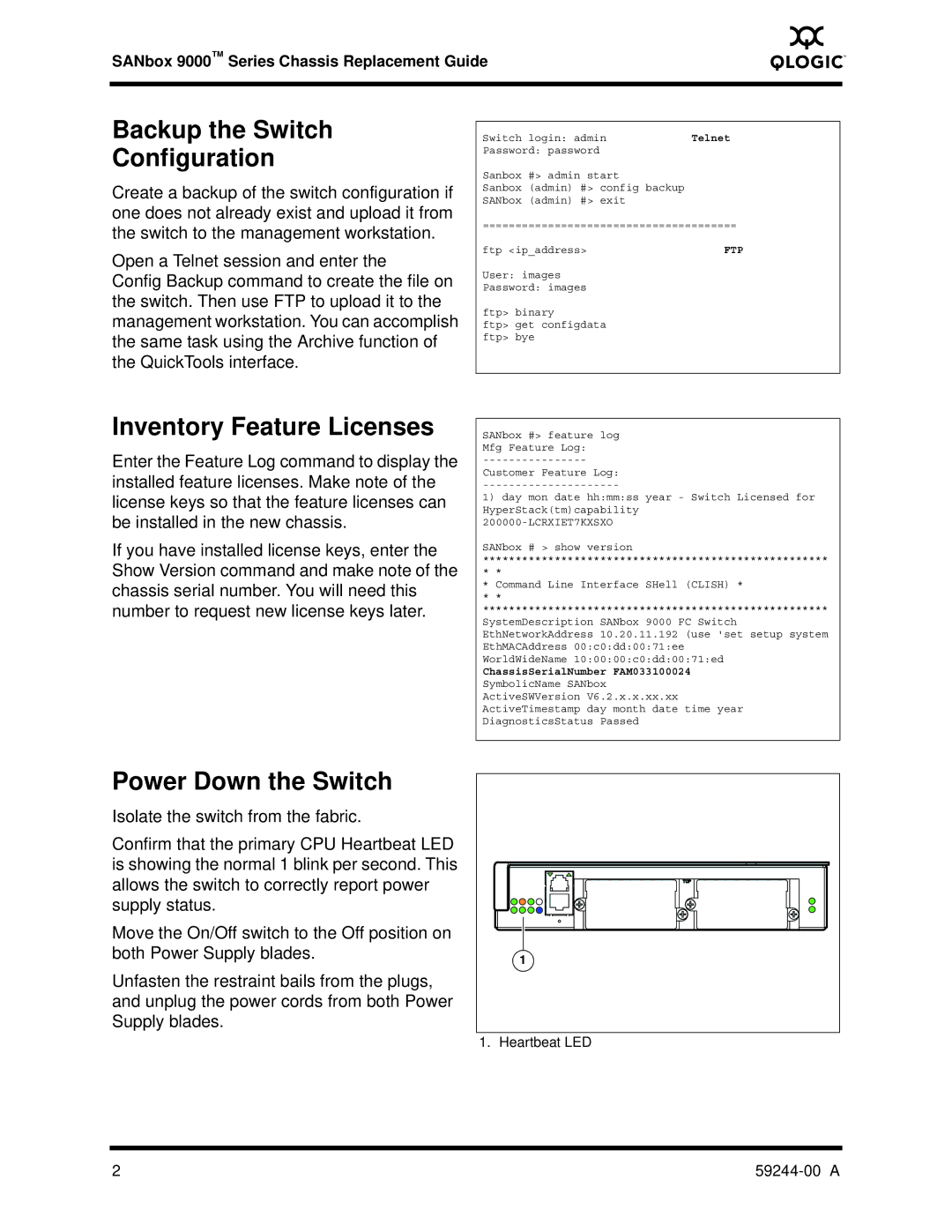 Q-Logic 59244-00 A manual Backup the Switch Configuration, Inventory Feature Licenses, Power Down the Switch 