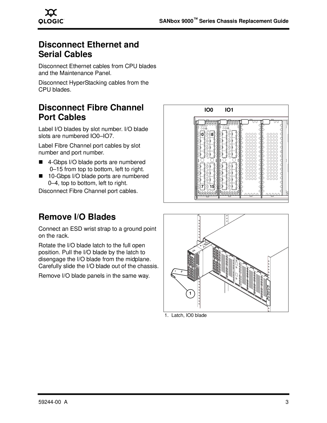 Q-Logic 59244-00 A manual Disconnect Ethernet and Serial Cables, Disconnect Fibre Channel Port Cables, Remove I/O Blades 