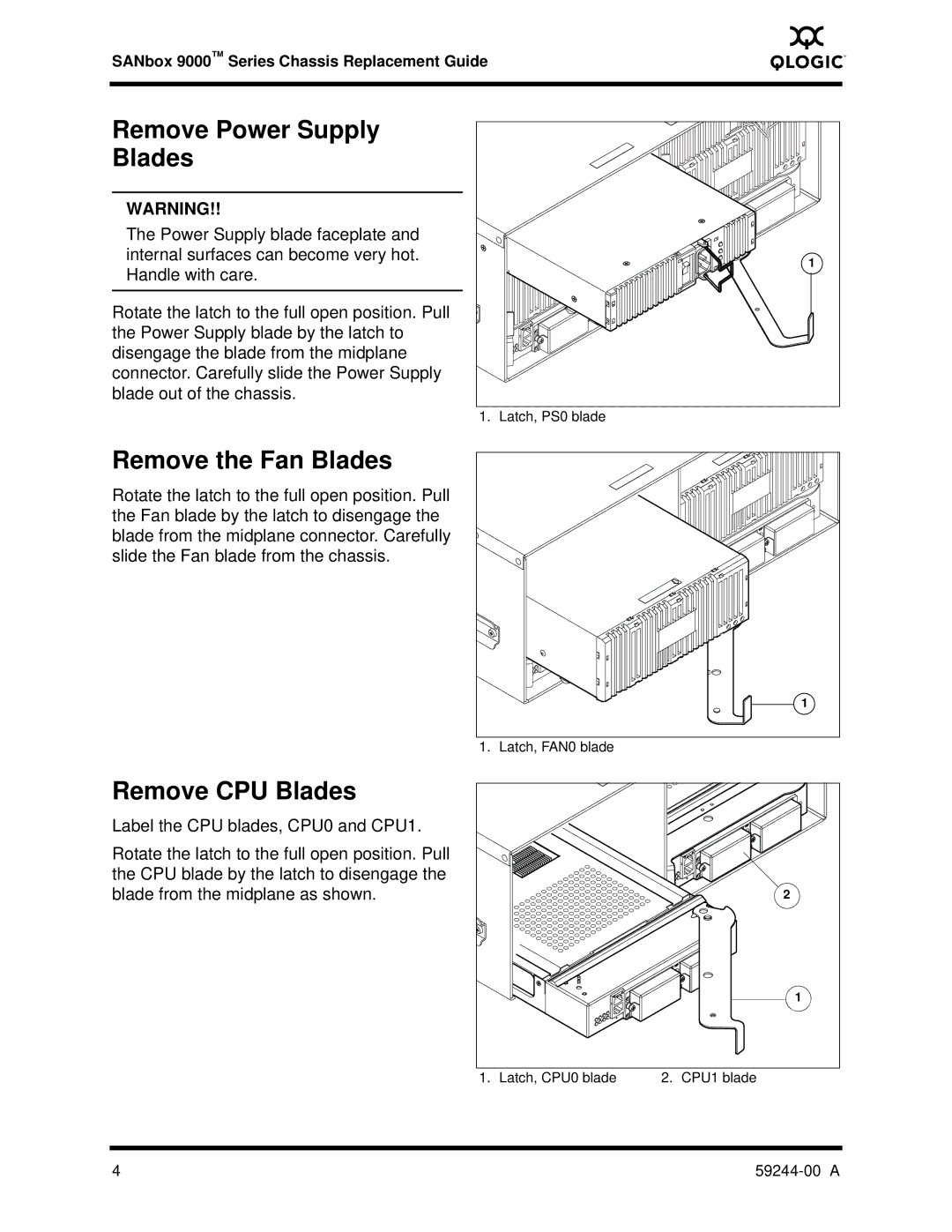 Q-Logic 59244-00 A manual Remove Power Supply Blades, Remove the Fan Blades, Remove CPU Blades 