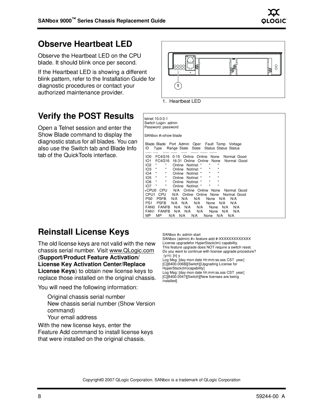 Q-Logic 59244-00 A manual Observe Heartbeat LED, Verify the Post Results, Reinstall License Keys 