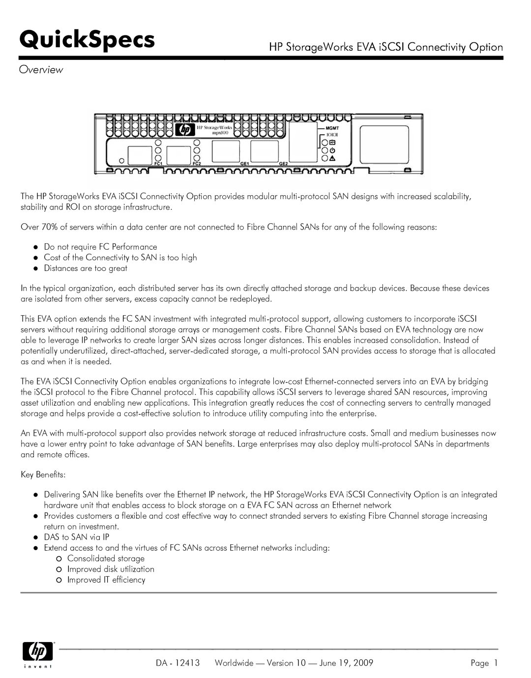 Q-Logic EVA ISCSI, 6000, 4100, 4400 manual QuickSpecs, Overview 