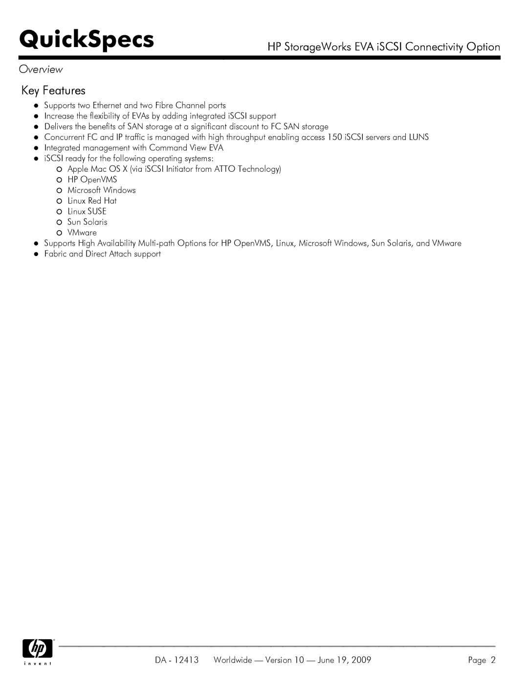 Q-Logic 4100, 6000, EVA ISCSI, 4400 manual Key Features 