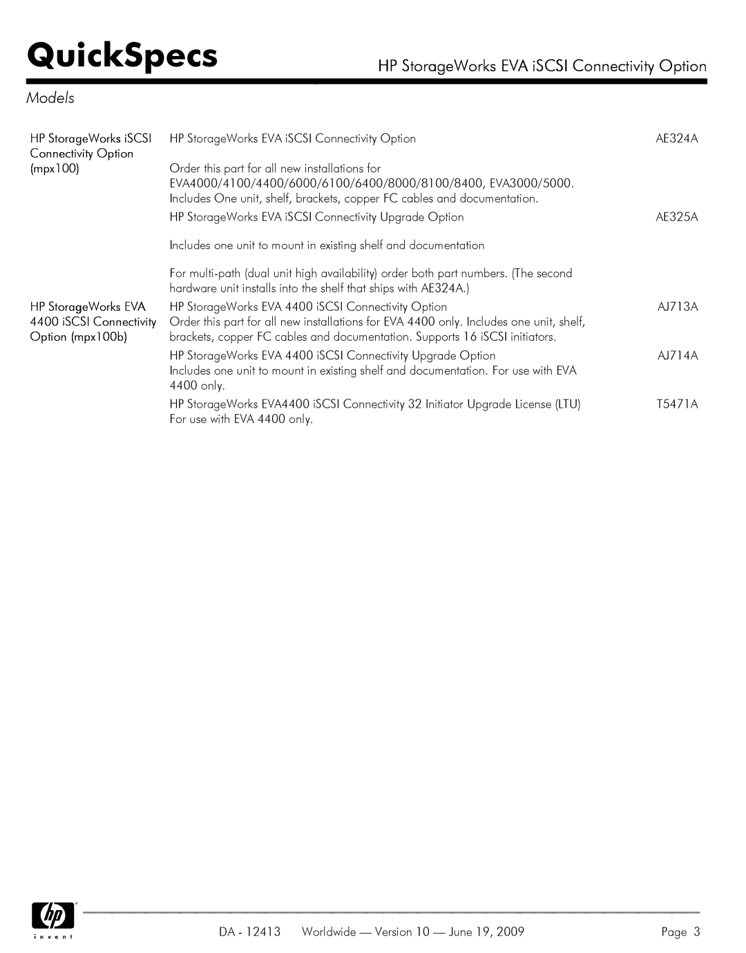 Q-Logic 4400, 6000, EVA ISCSI Models, Connectivity Option Mpx100, HP StorageWorks EVA, ISCSI Connectivity, Option mpx100b 