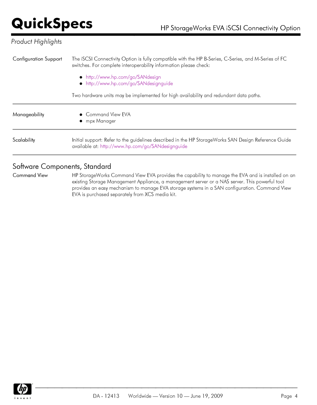 Q-Logic 6000, EVA ISCSI, 4100 Software Components, Standard, Product Highlights, Manageability, Scalability, Command View 