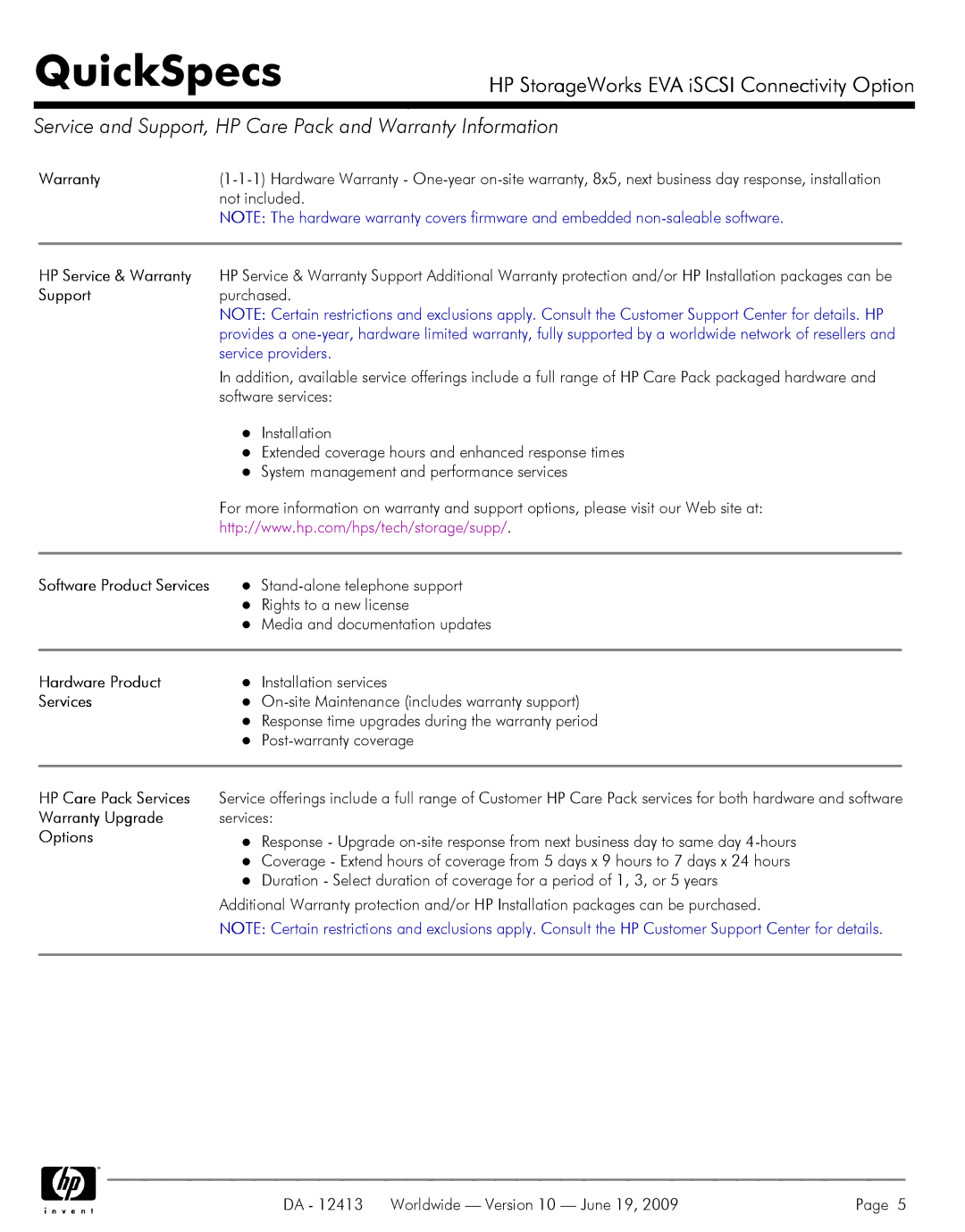 Q-Logic EVA ISCSI, 6000, 4100, 4400 manual Service and Support, HP Care Pack and Warranty Information 