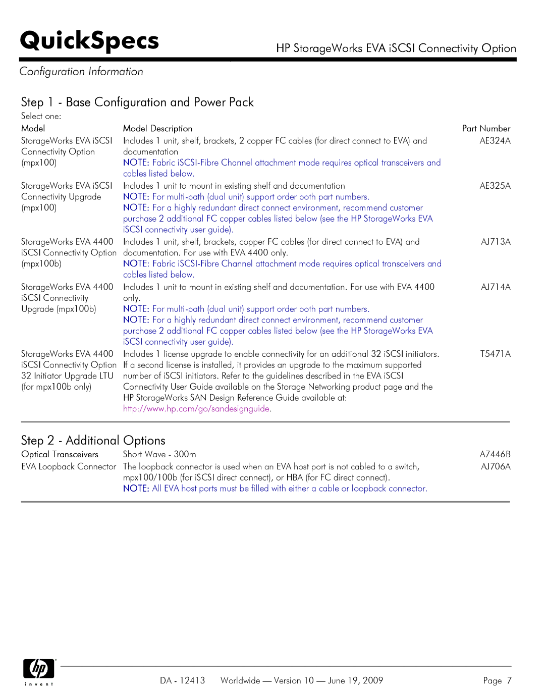 Q-Logic 4400 Base Configuration and Power Pack, Additional Options, Configuration Information, Model Model Description 