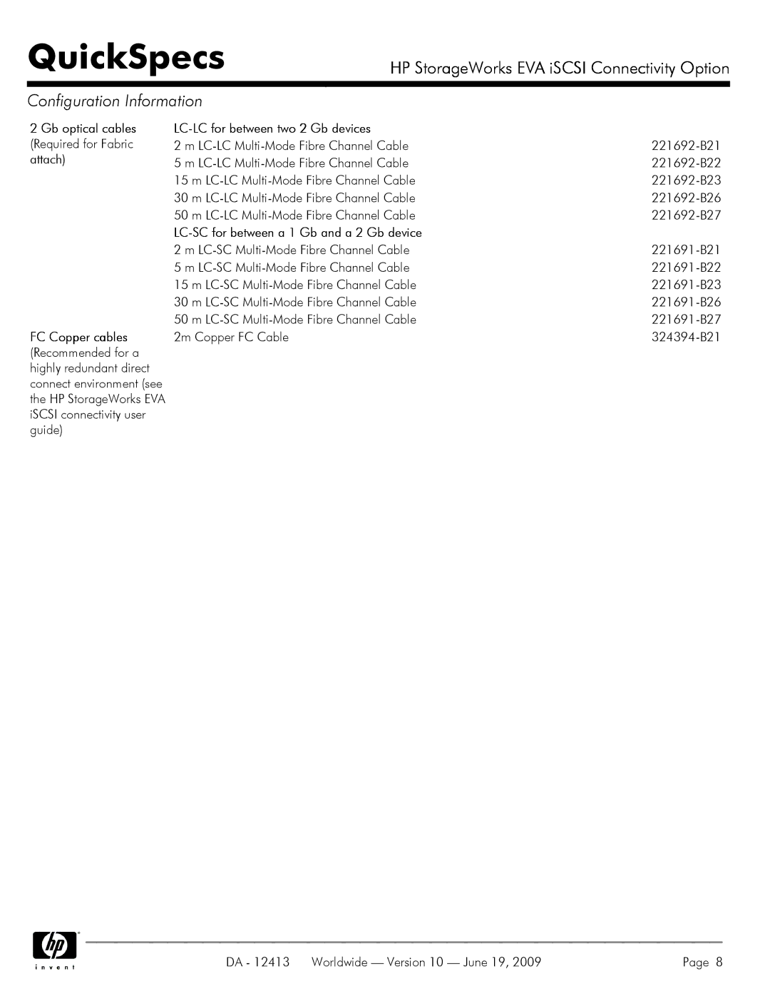 Q-Logic 6000, EVA ISCSI Gb optical cables LC-LC for between two 2 Gb devices, LC-SC for between a 1 Gb and a 2 Gb device 