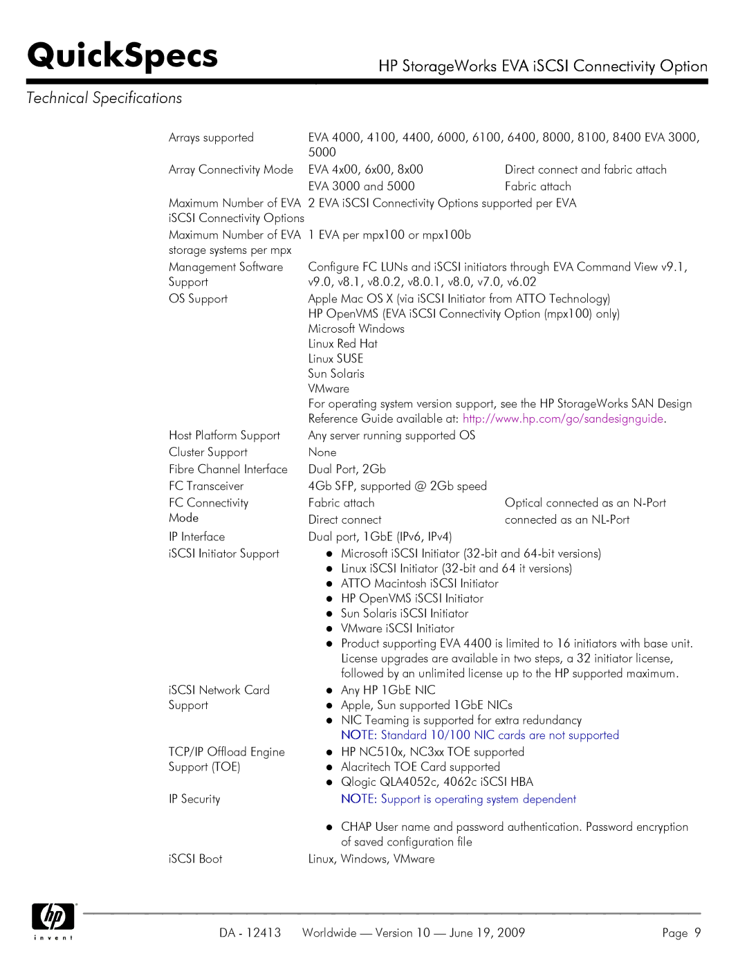 Q-Logic EVA ISCSI, 6000, 4100, 4400 manual Technical Specifications 