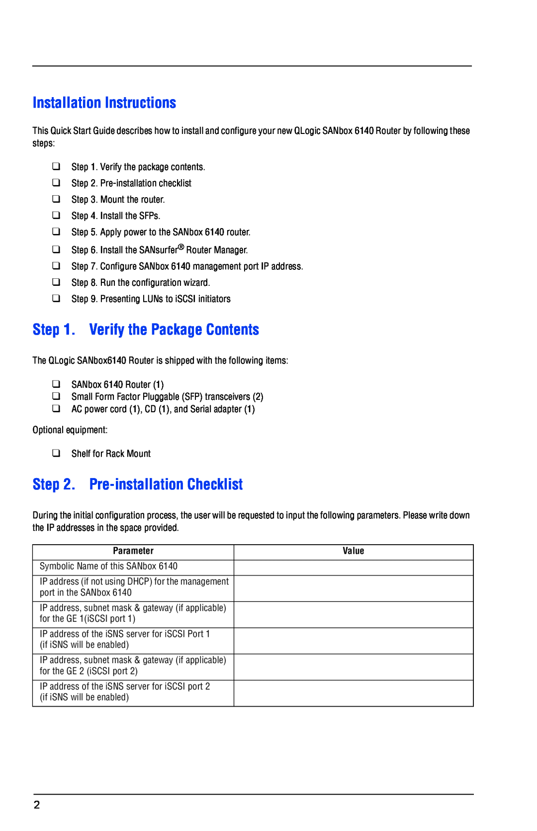 Q-Logic 6140 Installation Instructions, Verify the Package Contents, Pre-installation Checklist, Parameter, Value 