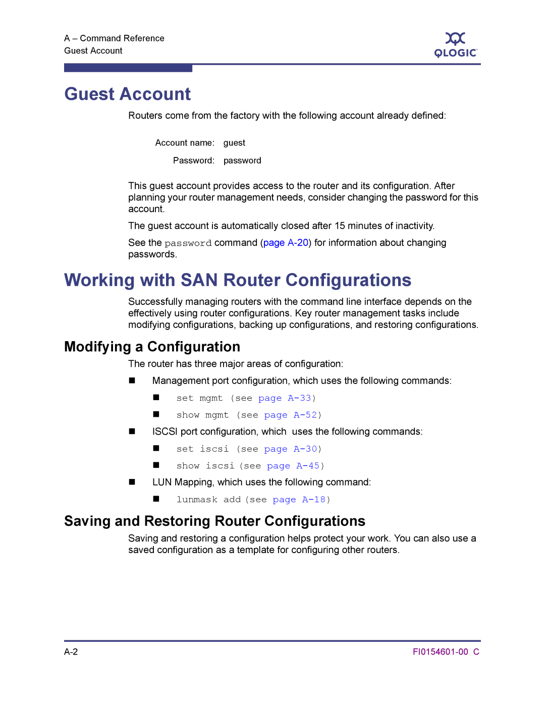 Q-Logic 6140 manual Guest Account, Working with SAN Router Configurations, Modifying a Configuration 