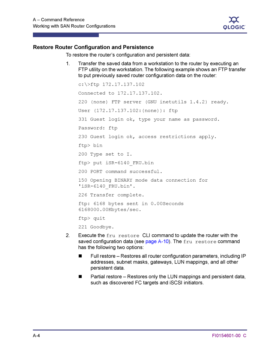 Q-Logic 6140 manual Restore Router Configuration and Persistence 