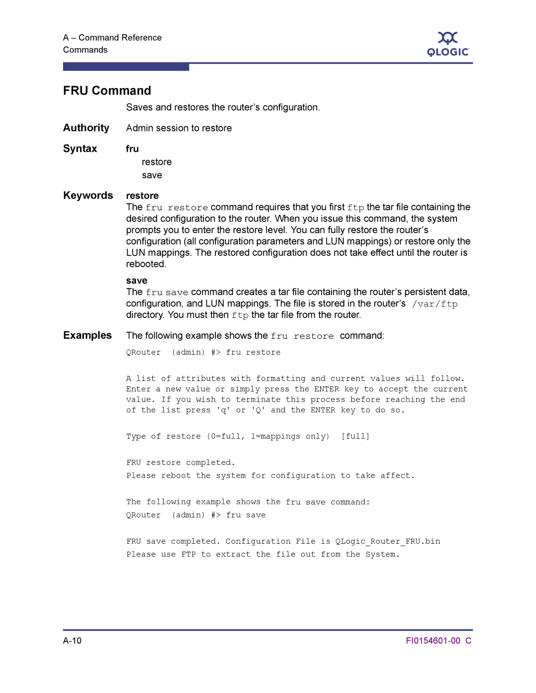 Q-Logic 6140 manual FRU Command, Syntax fru, Keywords restore, Restore save, Save 