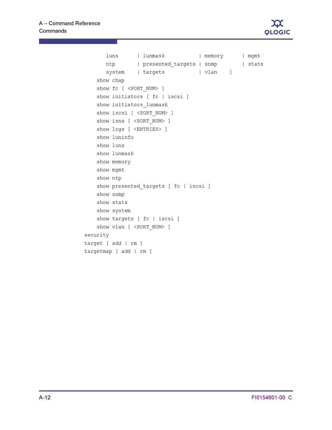 Q-Logic 6140 manual Luns Lunmask Memory Mgmt Ntp Presentedtargets snmp 