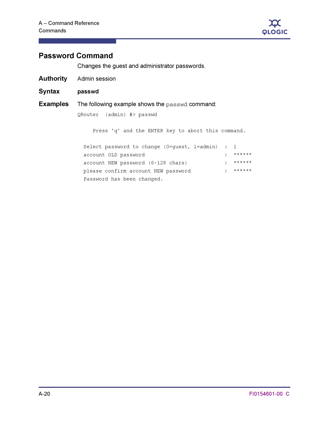 Q-Logic 6140 manual Password Command, Syntax passwd, Changes the guest and administrator passwords 