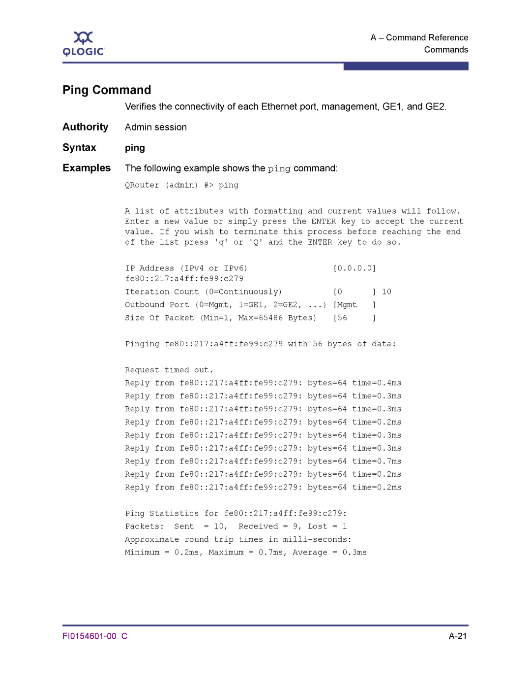 Q-Logic 6140 manual Ping Command, Syntax ping, Examples The following example shows the ping command 