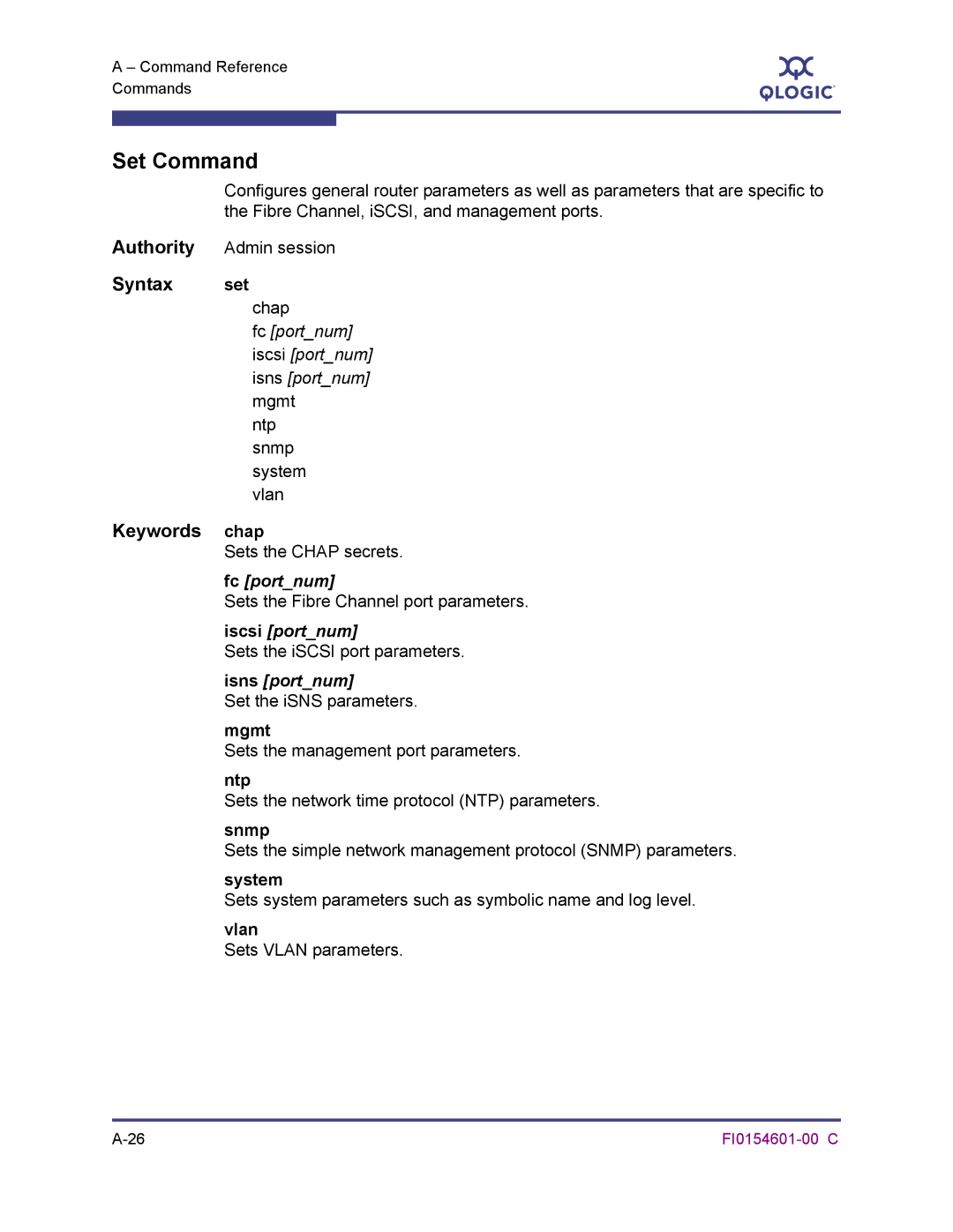 Q-Logic 6140 manual Set Command, Syntax set, Keywords chap 