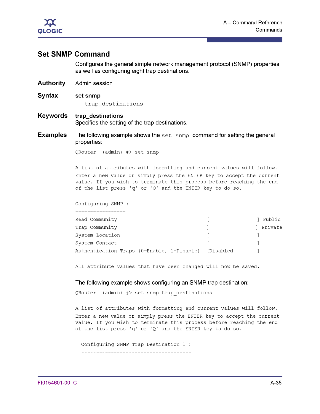 Q-Logic 6140 Set Snmp Command, Set snmp, Trapdestinations, Specifies the setting of the trap destinations, Properties 