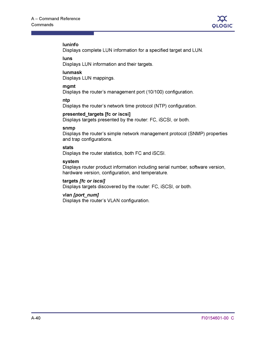 Q-Logic 6140 manual Luninfo, Luns, Presentedtargets fc or iscsi, Targets fc or iscsi, Vlan portnum 