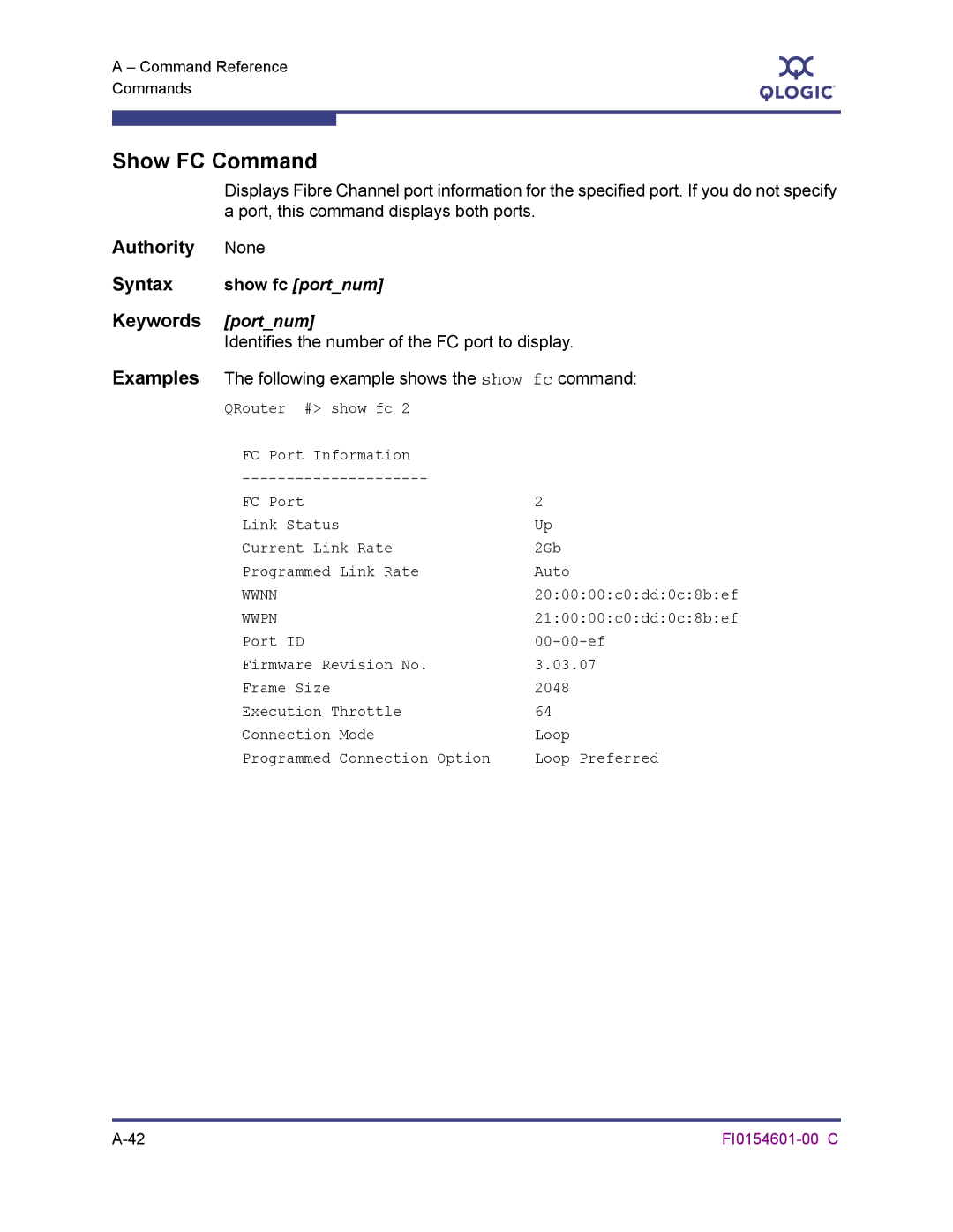 Q-Logic 6140 manual Show FC Command, None, Show fc portnum, Identifies the number of the FC port to display 