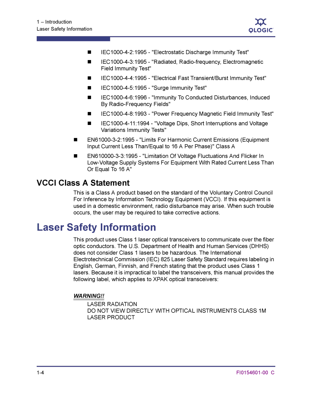 Q-Logic 6140 manual Laser Safety Information, Vcci Class a Statement 