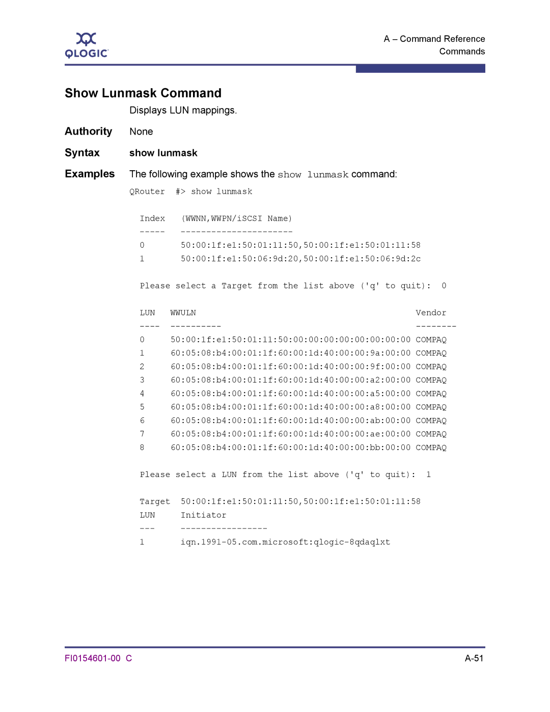 Q-Logic 6140 manual Show Lunmask Command, Syntax show lunmask 