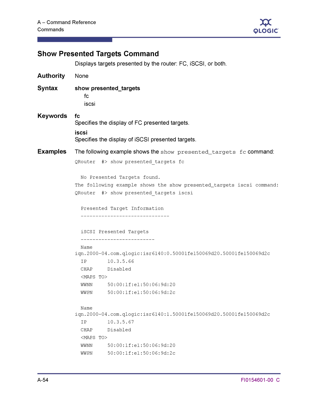 Q-Logic 6140 manual Show Presented Targets Command, Syntax show presentedtargets fc 