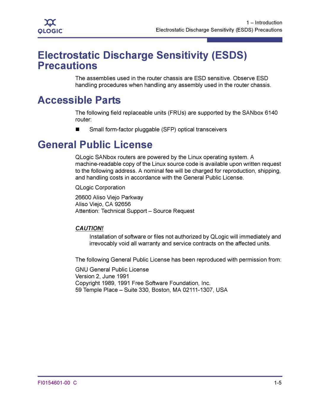 Q-Logic 6140 manual Electrostatic Discharge Sensitivity Esds Precautions, Accessible Parts, General Public License 