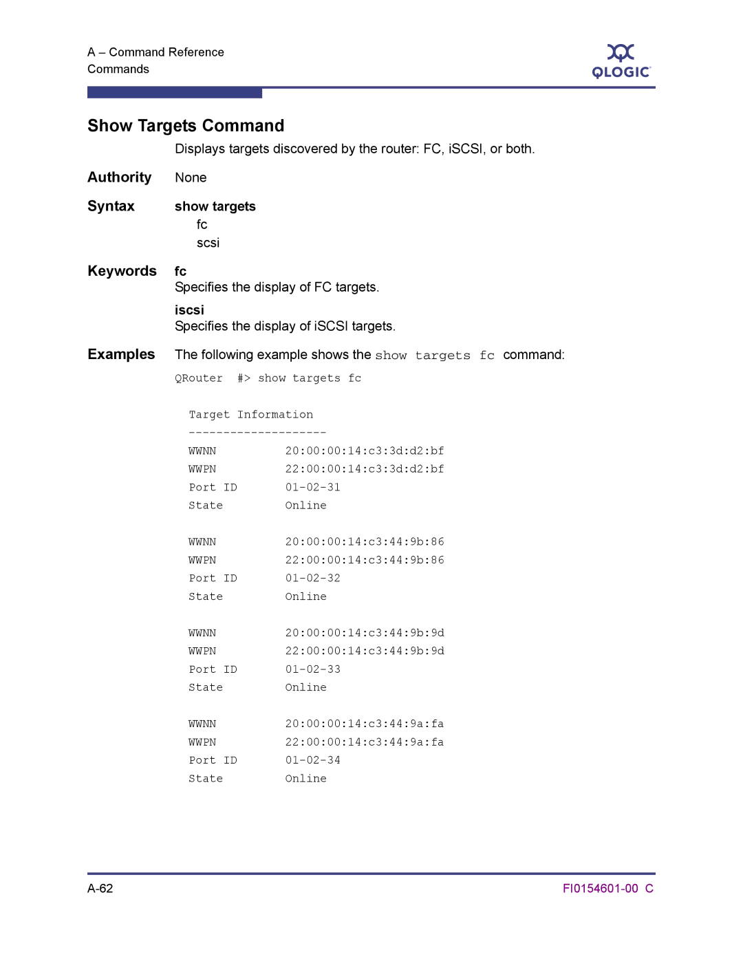 Q-Logic 6140 manual Show Targets Command, Show targets, Scsi, Specifies the display of FC targets 