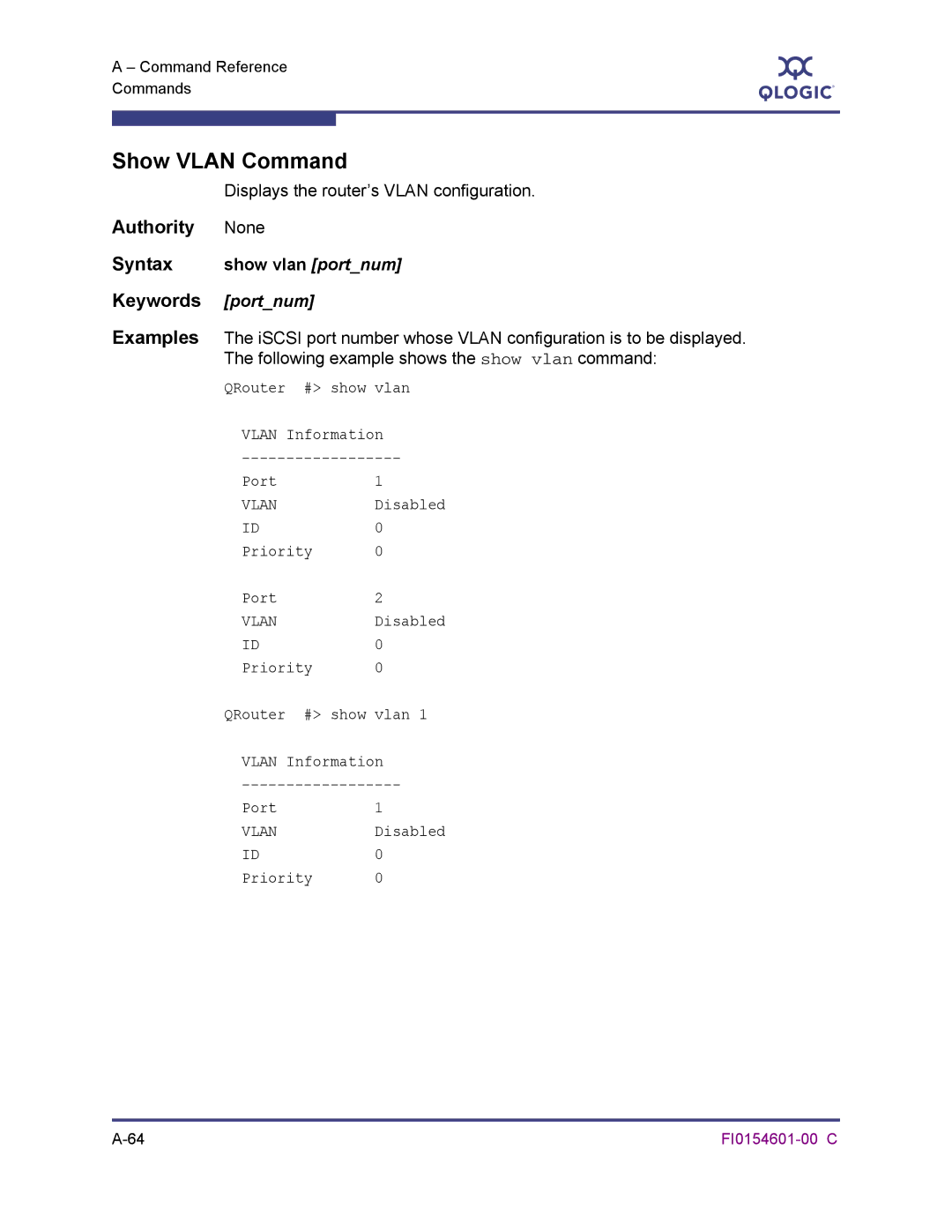 Q-Logic 6140 manual Show Vlan Command, Syntax show vlan portnum, Keywords portnum 