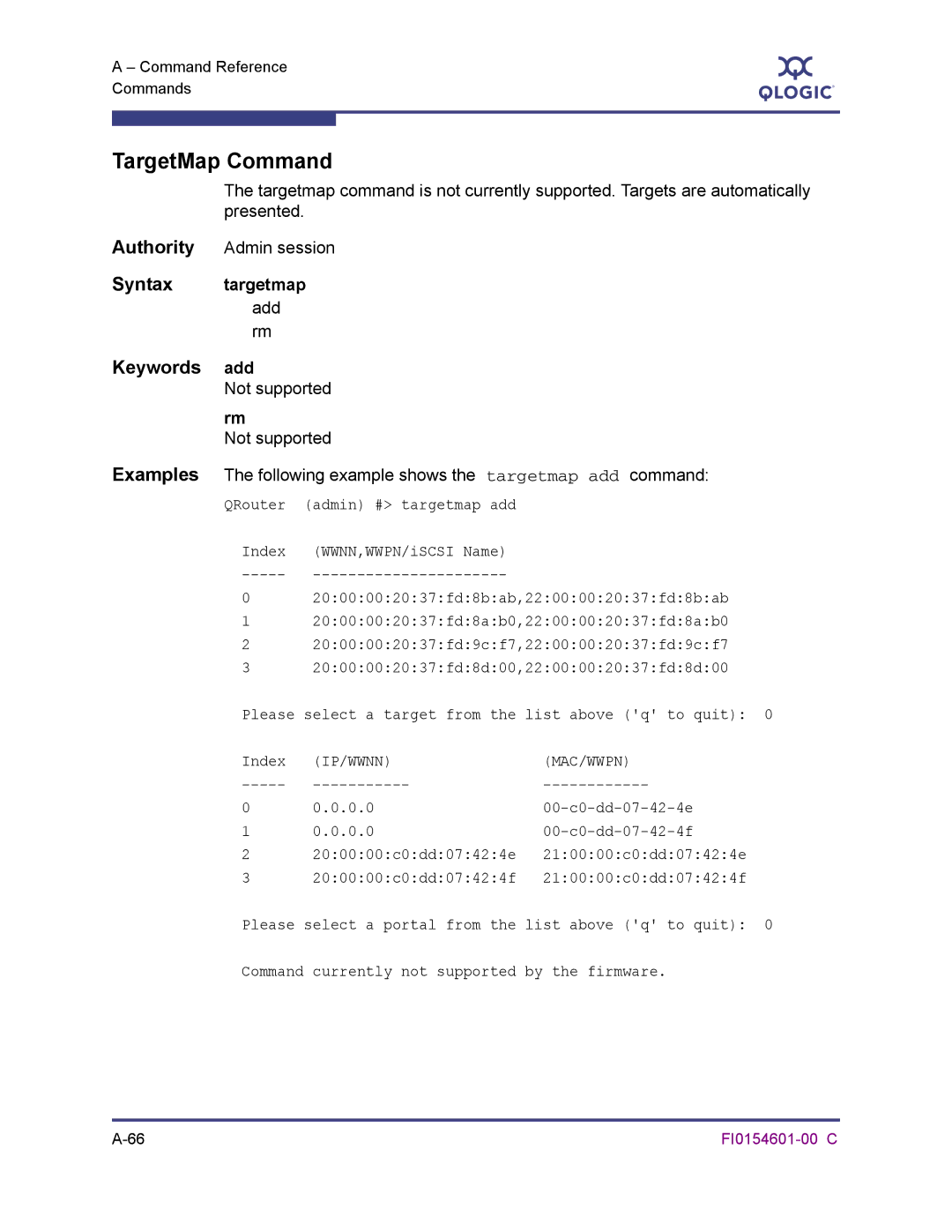 Q-Logic 6140 manual TargetMap Command, Targetmap, Following example shows the targetmap add command 