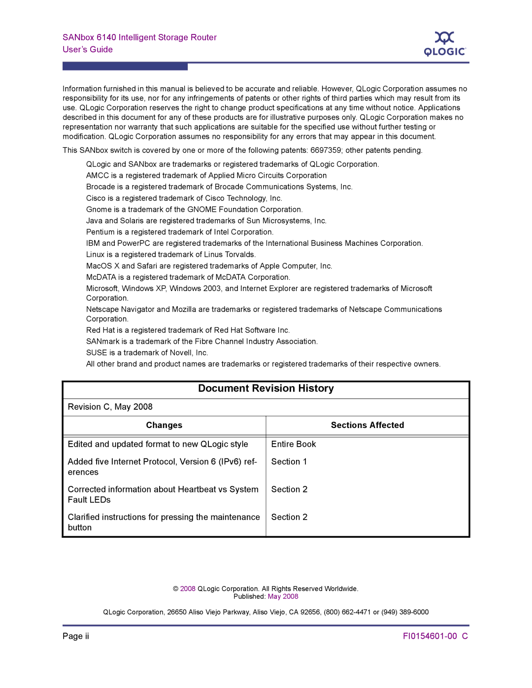 Q-Logic manual Document Revision History, SANbox 6140 Intelligent Storage Router User’s Guide 