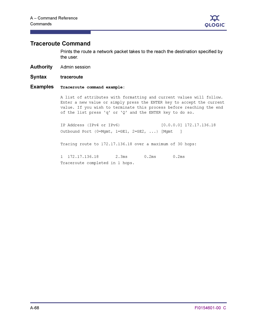 Q-Logic 6140 manual Traceroute Command, Syntax traceroute 