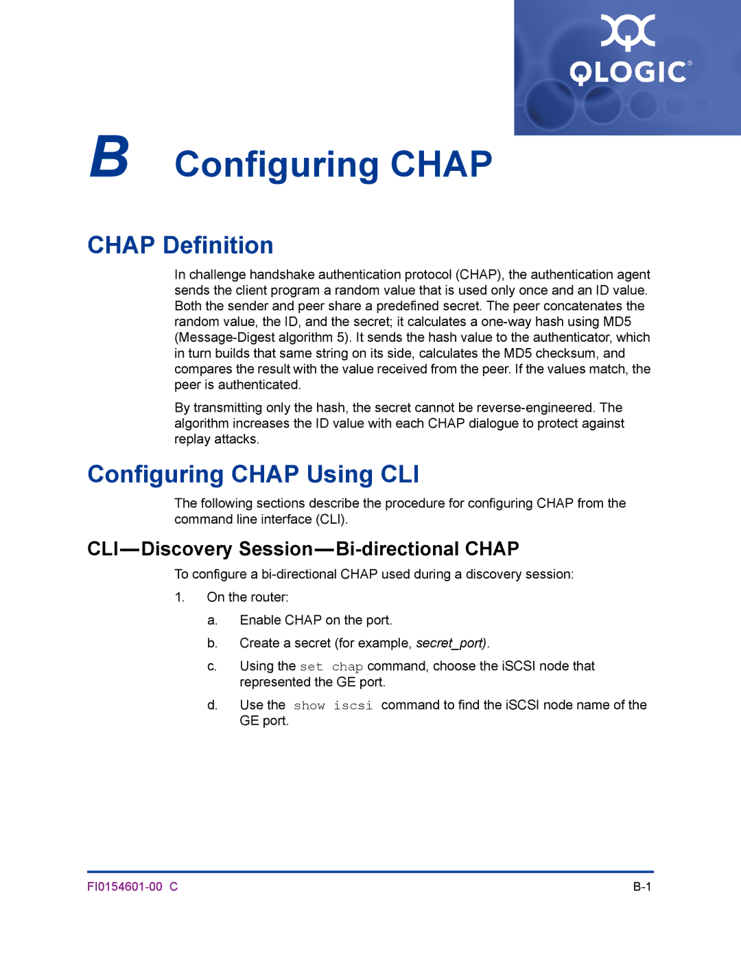 Q-Logic 6140 manual Configuring Chap, CLI-Discovery Session-Bi-directional Chap 