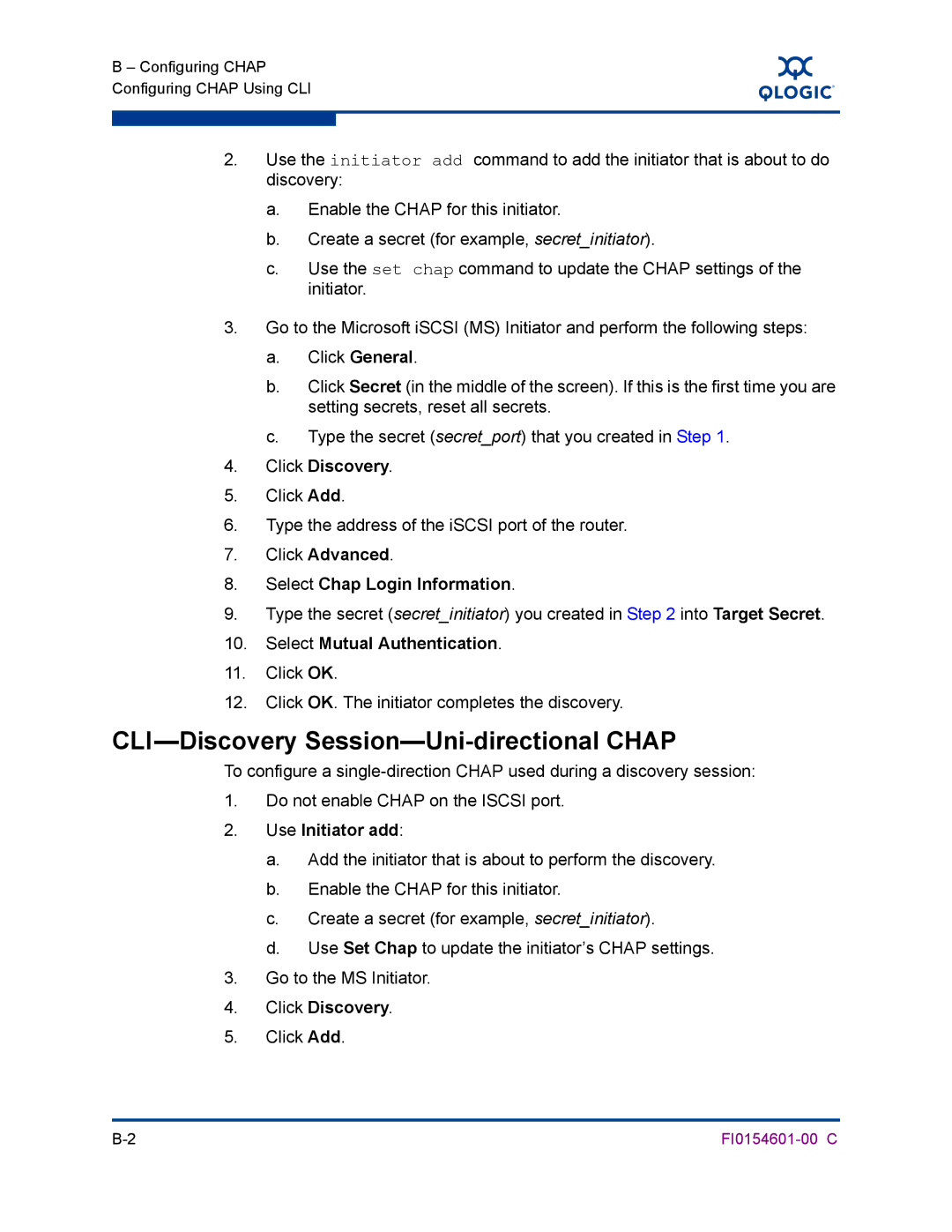 Q-Logic 6140 CLI-Discovery Session-Uni-directional Chap, Click Discovery, Click Advanced Select Chap Login Information 