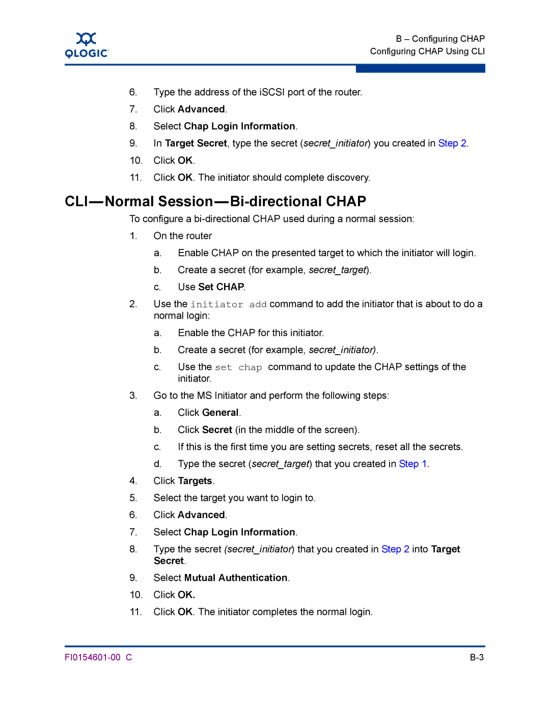 Q-Logic 6140 manual CLI-Normal Session-Bi-directional Chap, Use Set Chap 