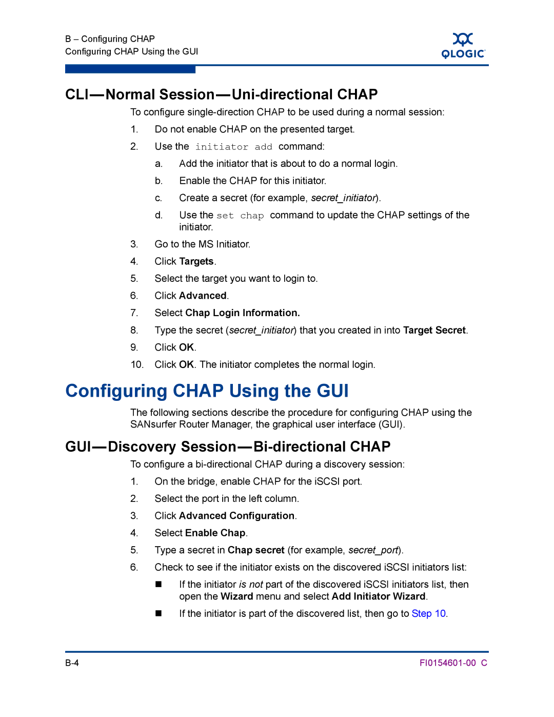 Q-Logic 6140 manual CLI-Normal Session-Uni-directional Chap, GUI-Discovery Session-Bi-directional Chap 