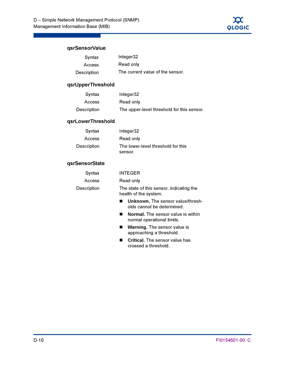 Q-Logic 6140 manual QsrSensorValue, QsrUpperThreshold, QsrLowerThreshold, QsrSensorState 