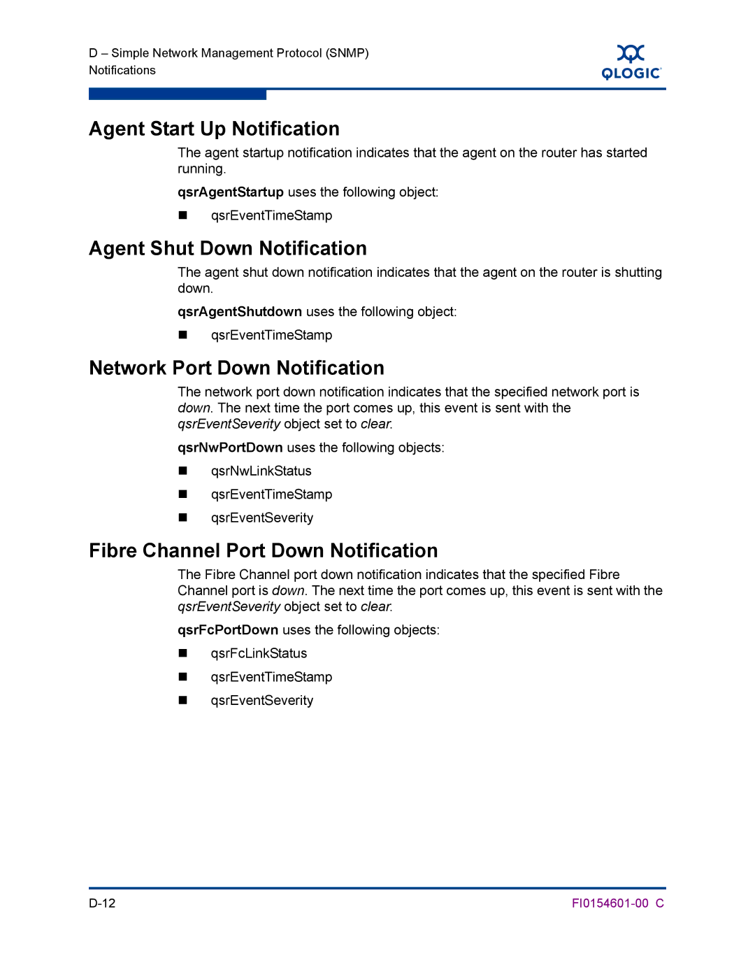 Q-Logic 6140 manual Agent Start Up Notification, Agent Shut Down Notification, Network Port Down Notification 