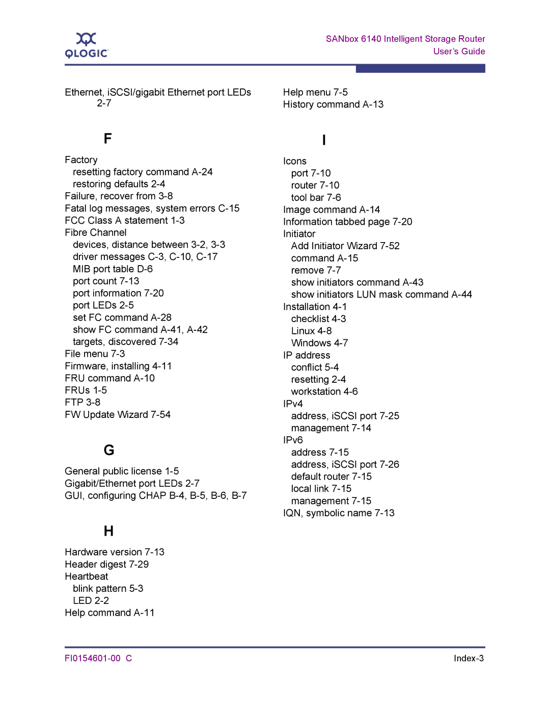 Q-Logic 6140 manual FI0154601-00 C Index-3 