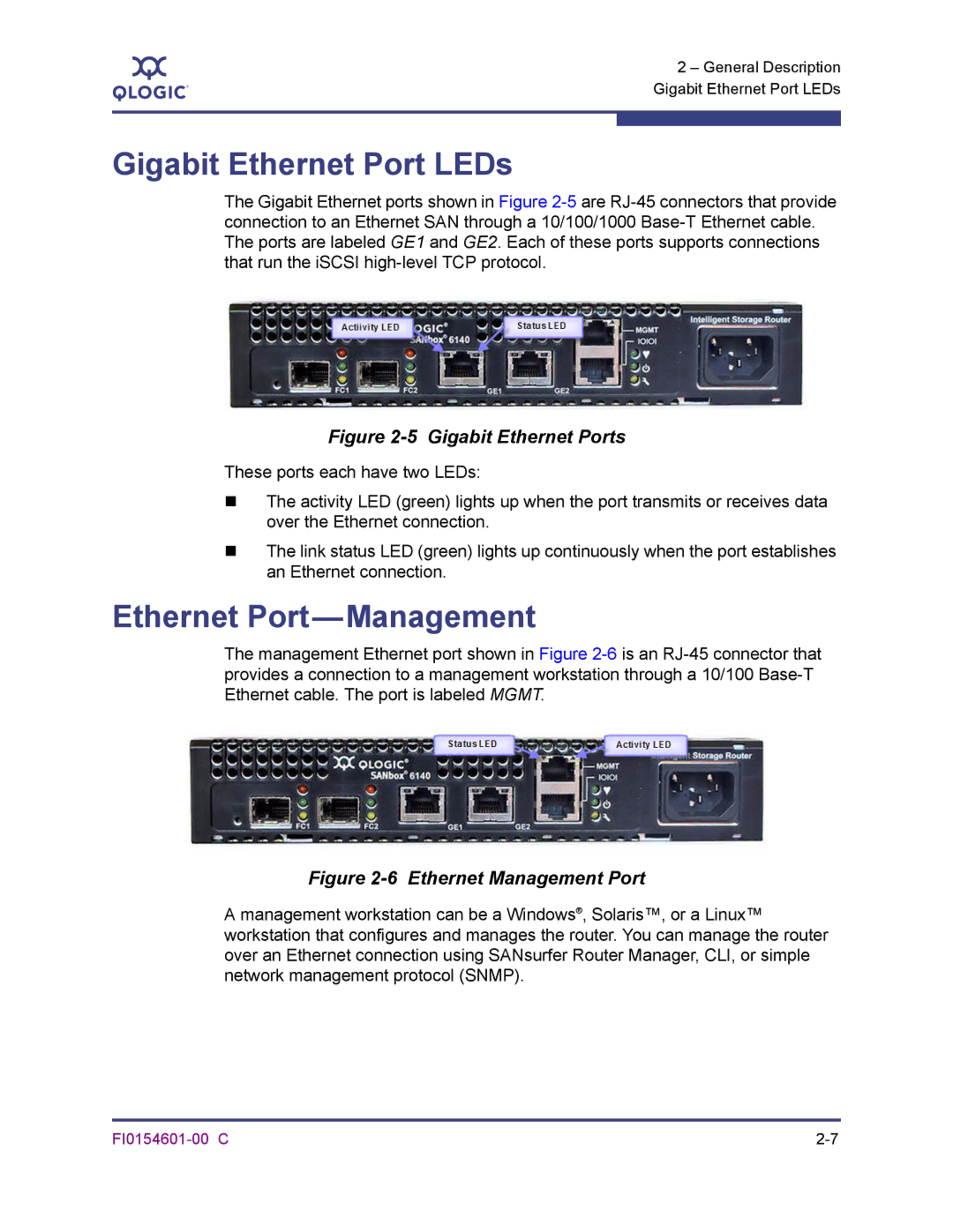 Q-Logic 6140 manual Gigabit Ethernet Port LEDs, Ethernet Port-Management 