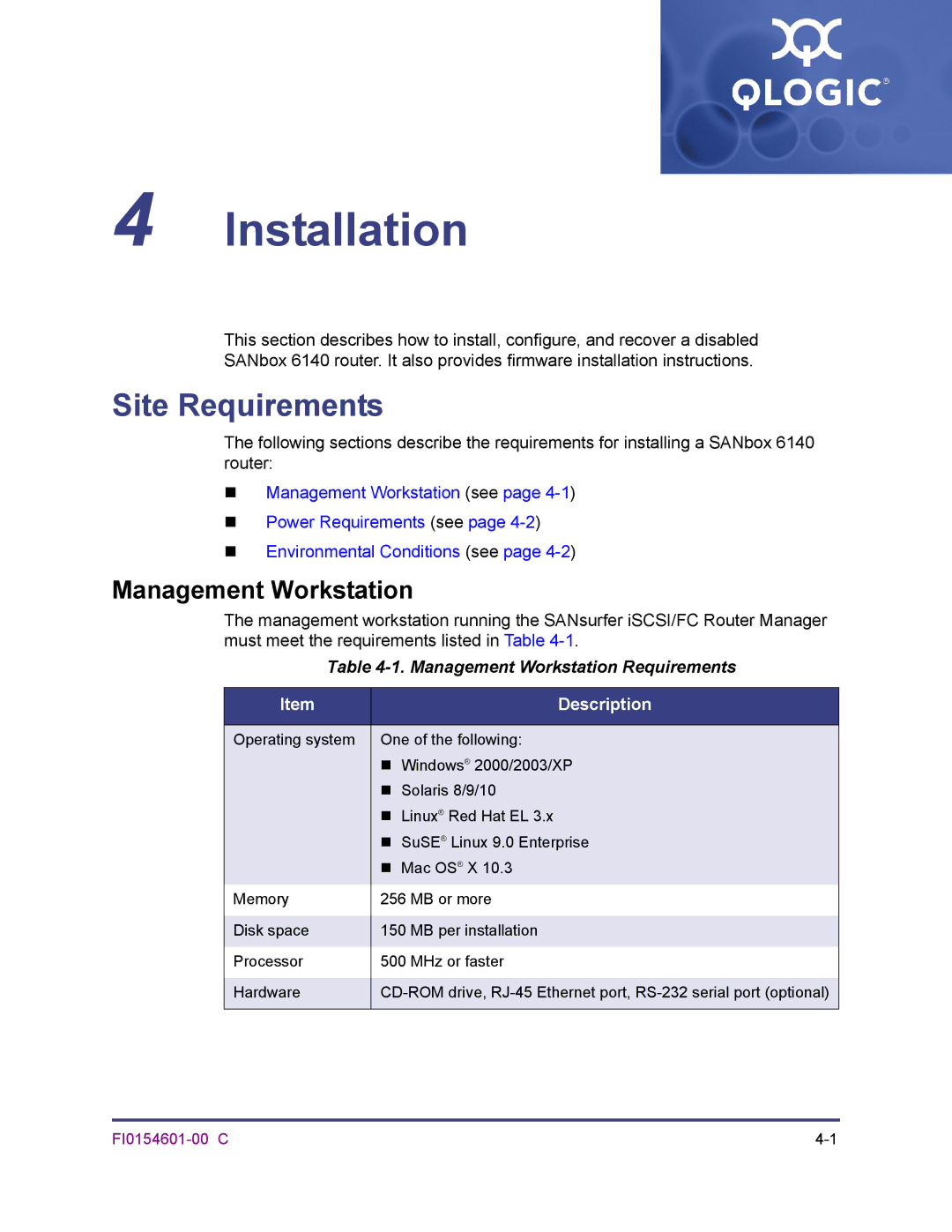 Q-Logic 6140 manual Site Requirements, Management Workstation Requirements 