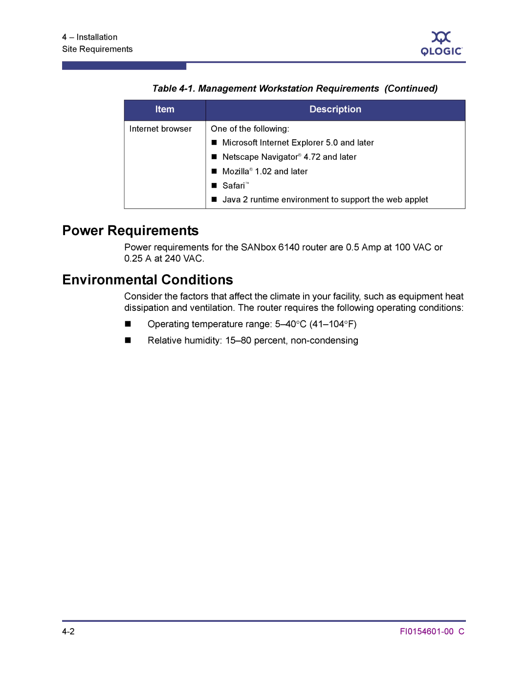 Q-Logic 6140 manual Power Requirements, Environmental Conditions 