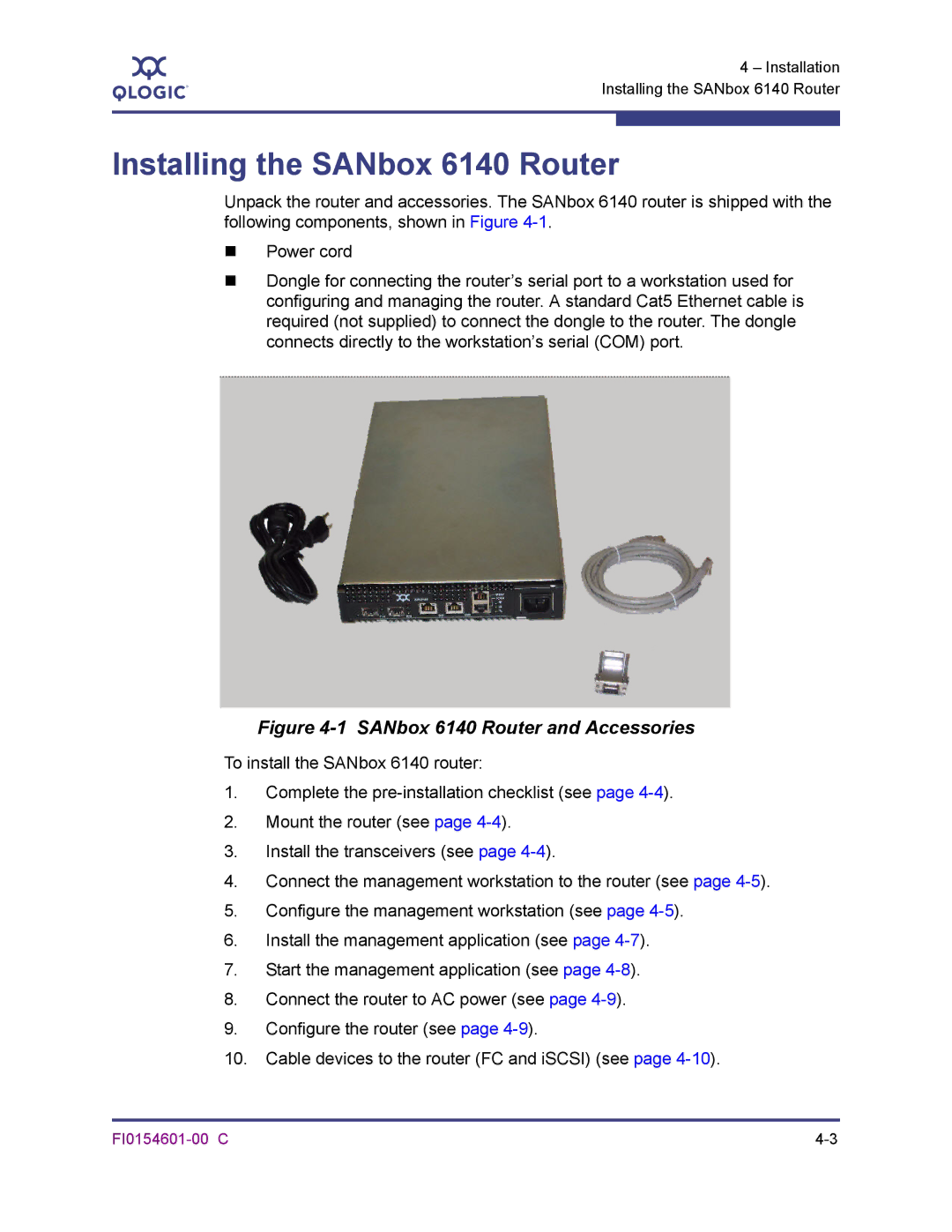 Q-Logic manual Installing the SANbox 6140 Router, SANbox 6140 Router and Accessories 